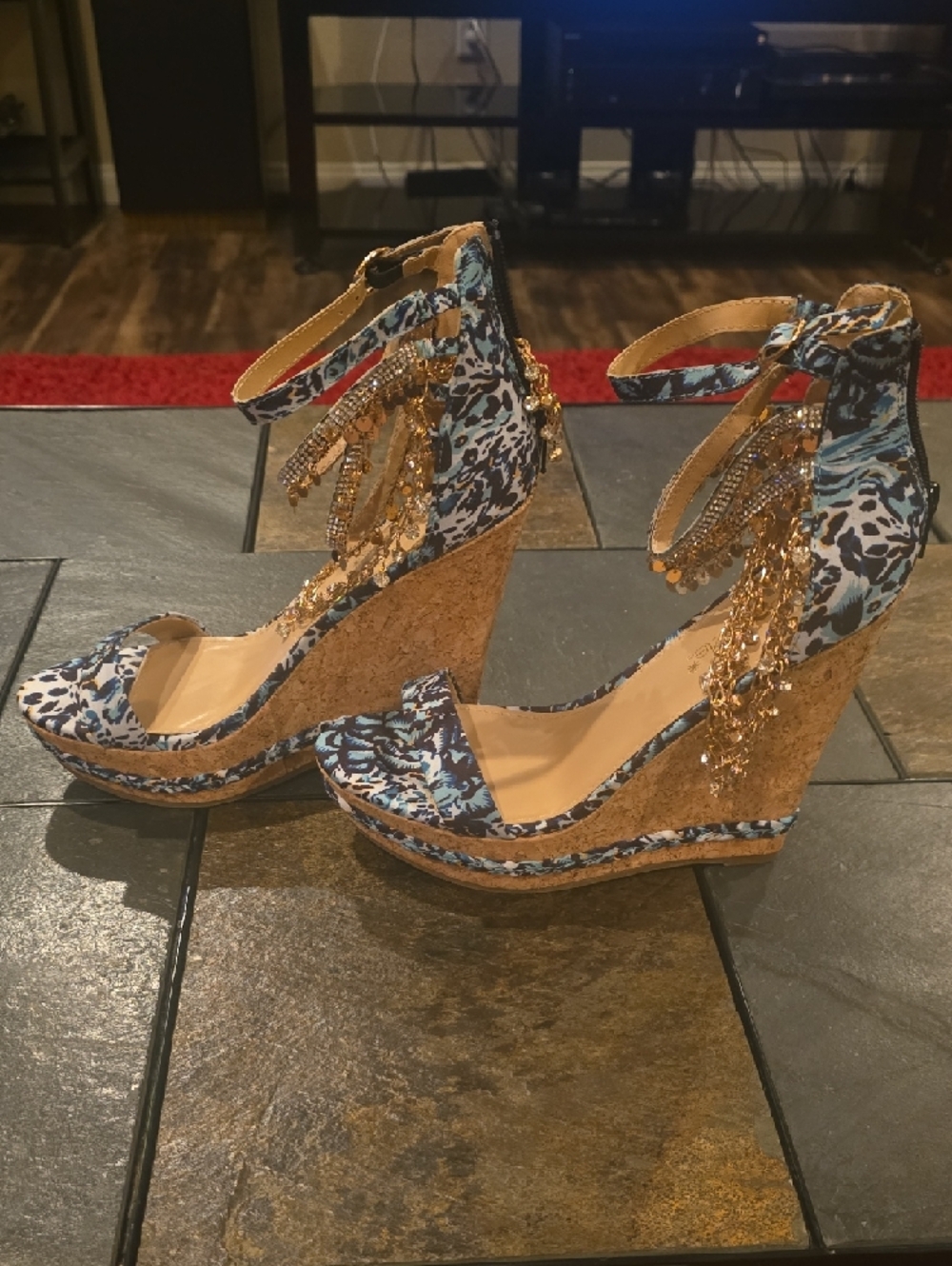 Shoe Dazzle Women's Blue Patterned Ankle-Strap Sandals with Gold Chain Accent